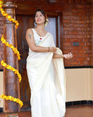 knitted comfly blouse and saree with firefly print