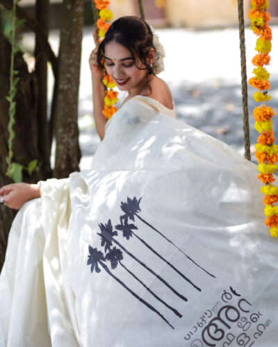 KNITTED COMFY BLOUSE AND SAREE WITH COCONUT TREE AND MALAYALAM PRINT
