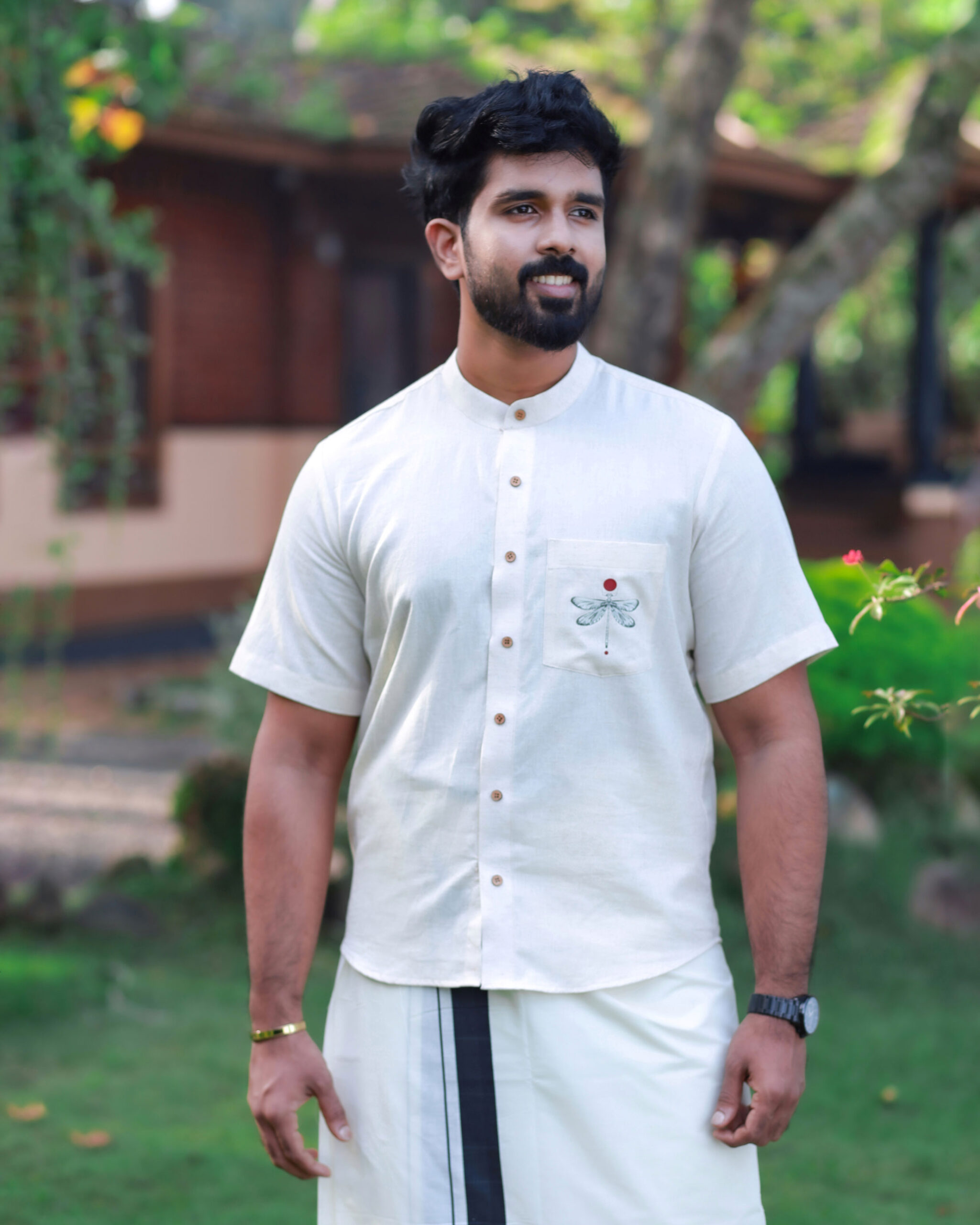 MENS HALF SLEEVE CHINESE COLLAR SHIRT WITH DRAGONFLY PRINT