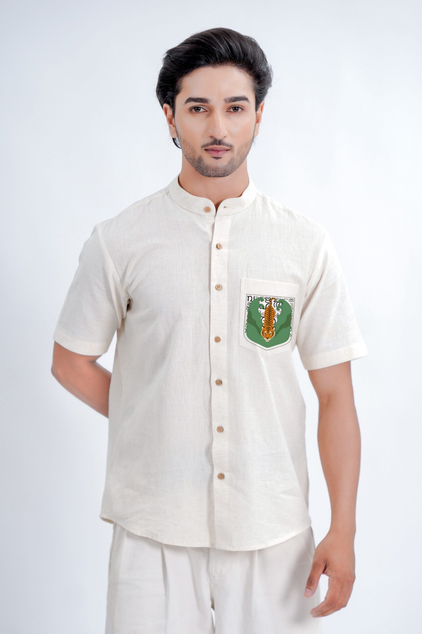 LINEN COTTON SHIRT WITH TIGER MOTIF
