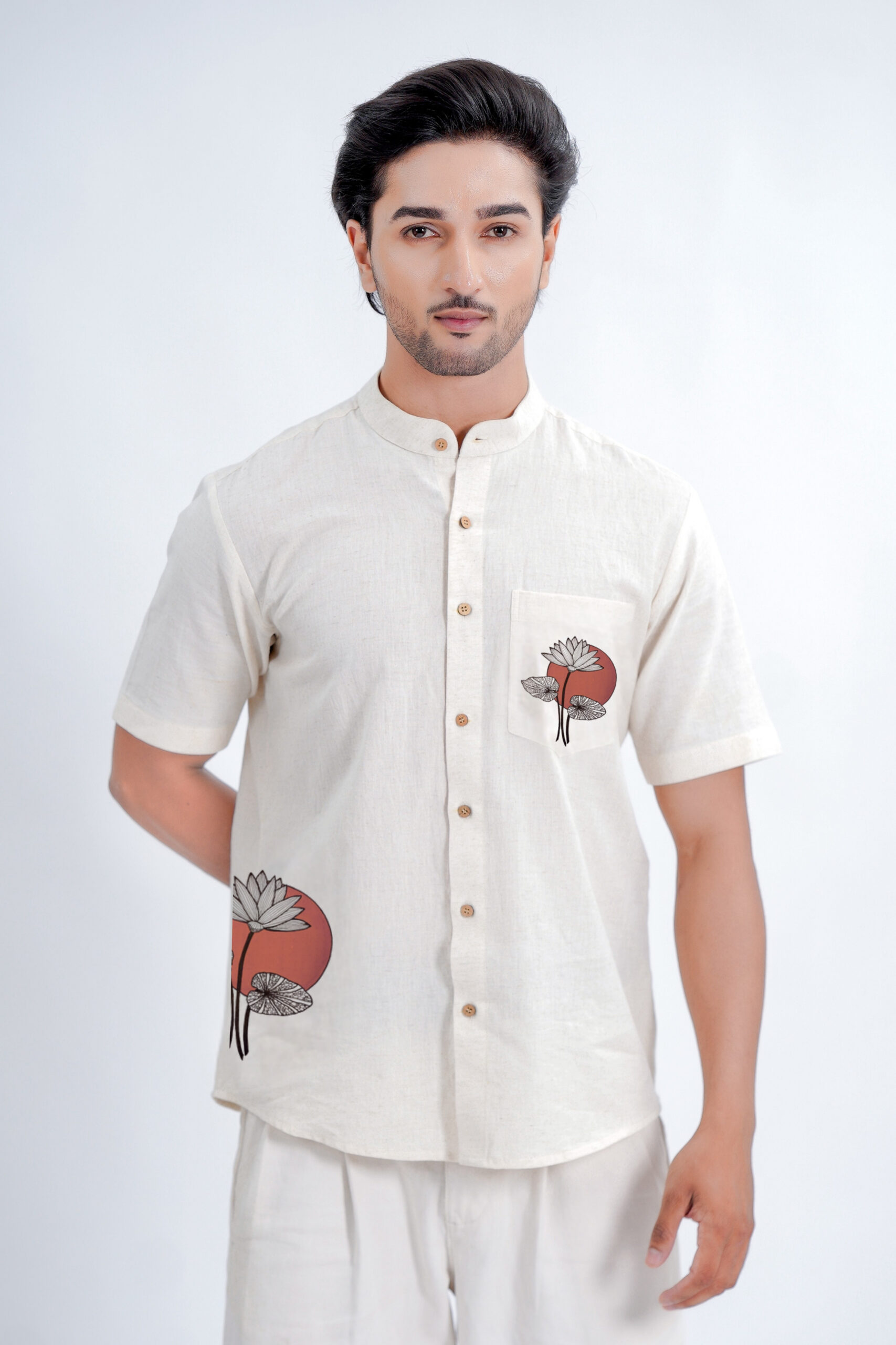 LINEN COTTON SHIRT WITH MOON LOTUS MOTIF