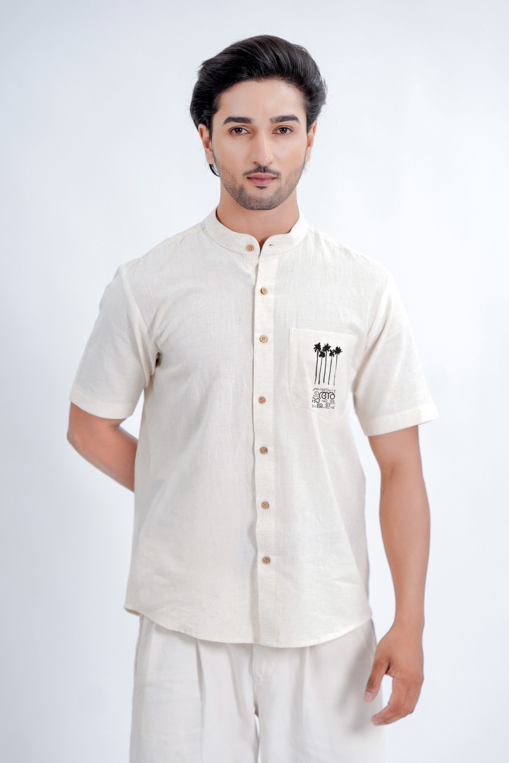 LINEN COTTON SHIRT WITH COCONUT PALM MOTIF