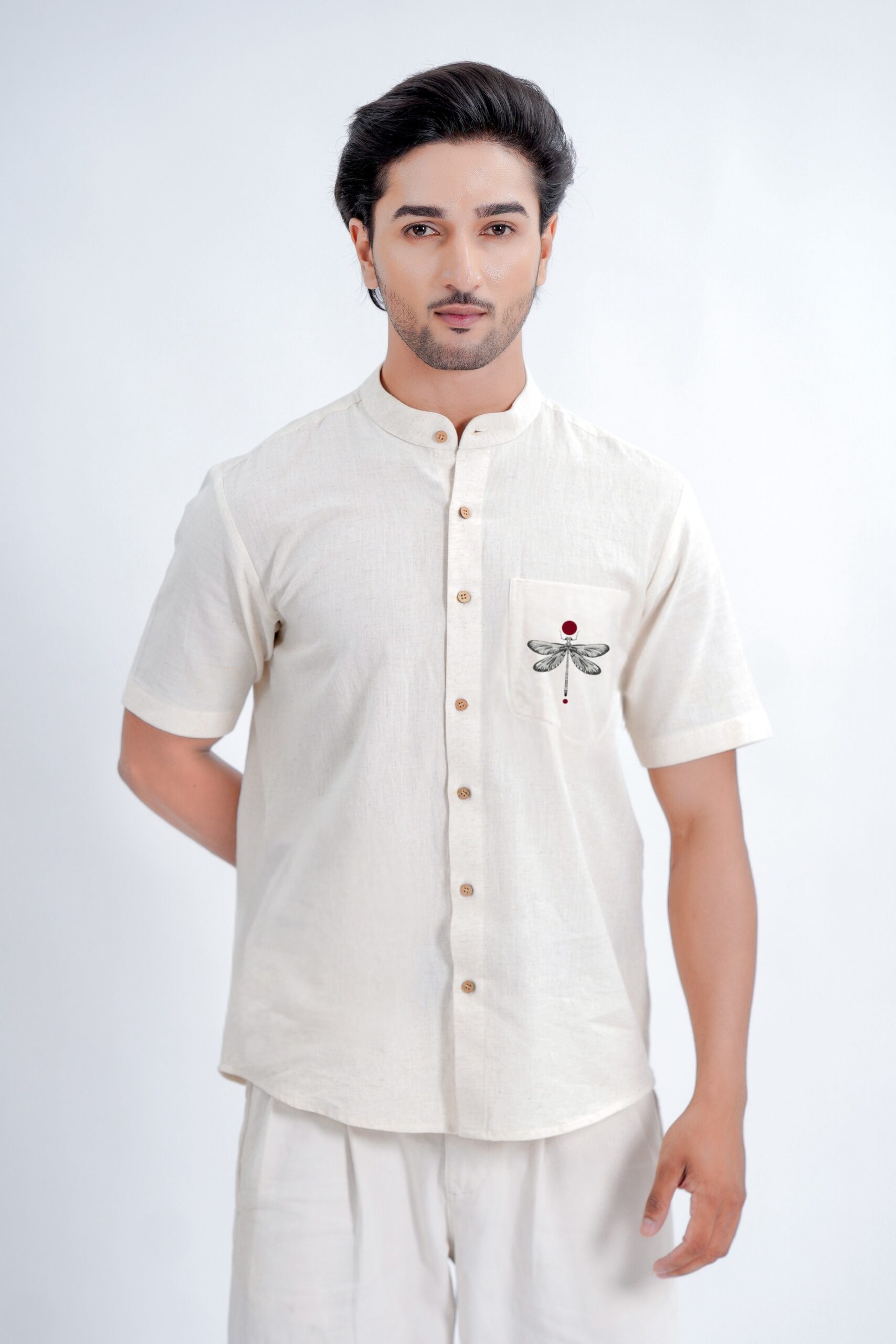 LINEN COTTON SHIRT WITH DRAGONFLY MOTIF
