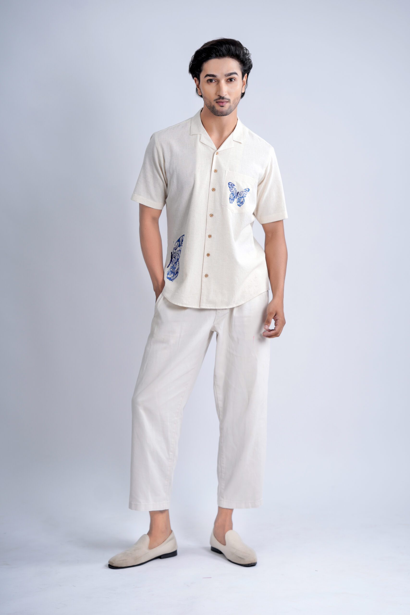 LINEN COTTON SHIRT WITH INDIGO BUTTERFLY MOTIF