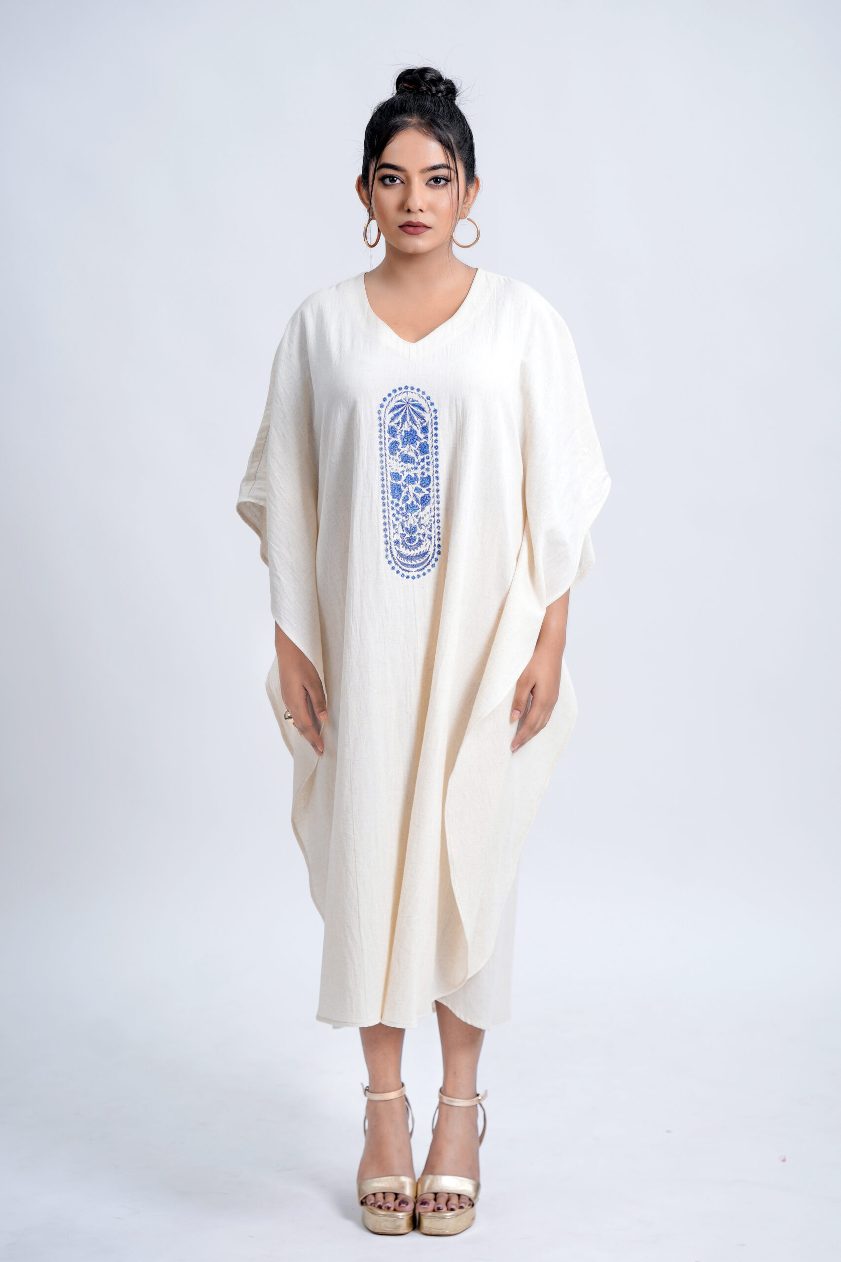 LINEN COTTON KAFTAN WITH INDIGO ARK MOTIF