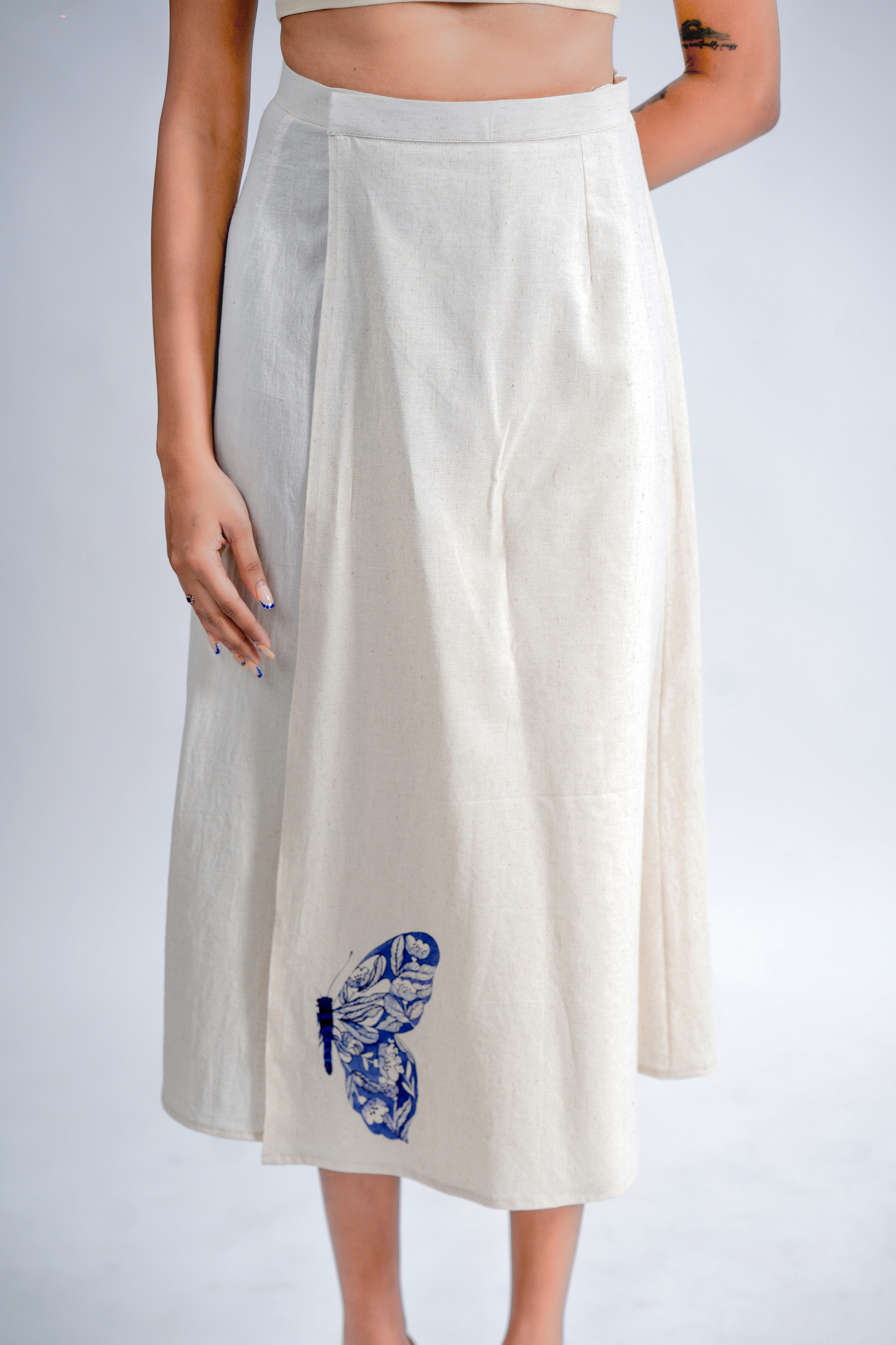 LINEN COTTON SKIRT WITH INDIGO BUTTERFLY MOTIF