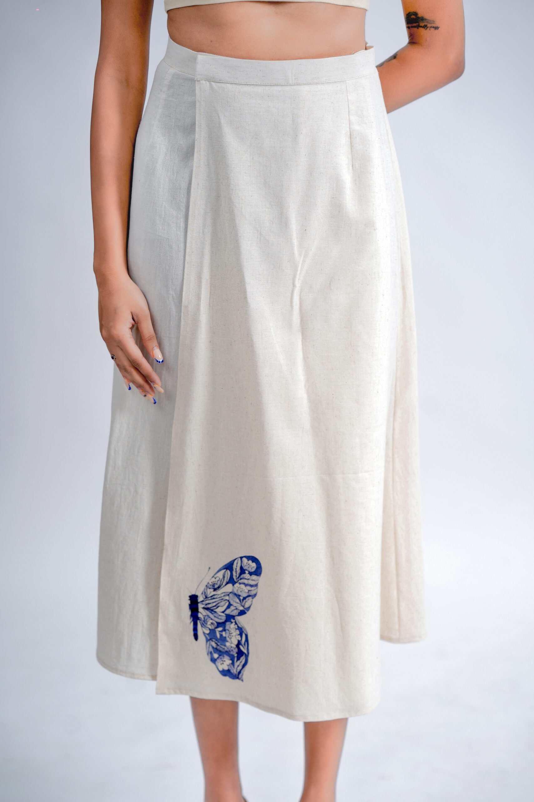 LINEN COTTON SKIRT WITH INDIGO BUTTERFLY MOTIF