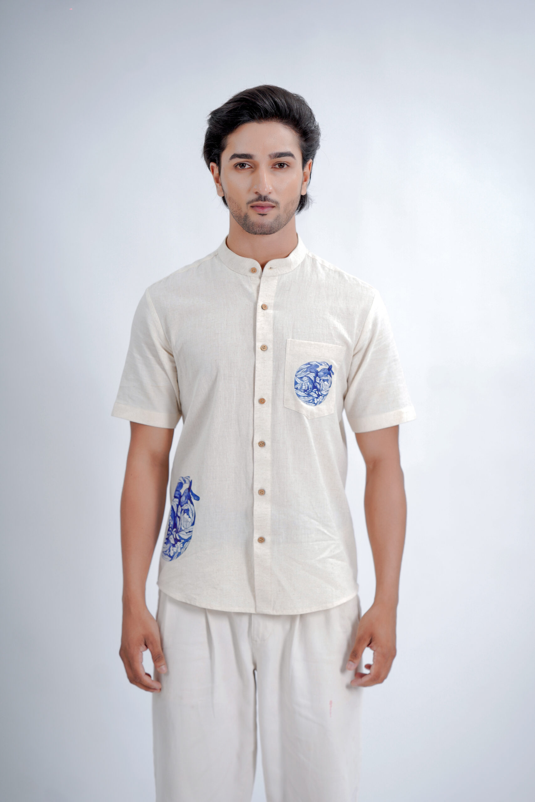 LINEN COTTON SHIRT WITH INDIGO CAT MOTIF