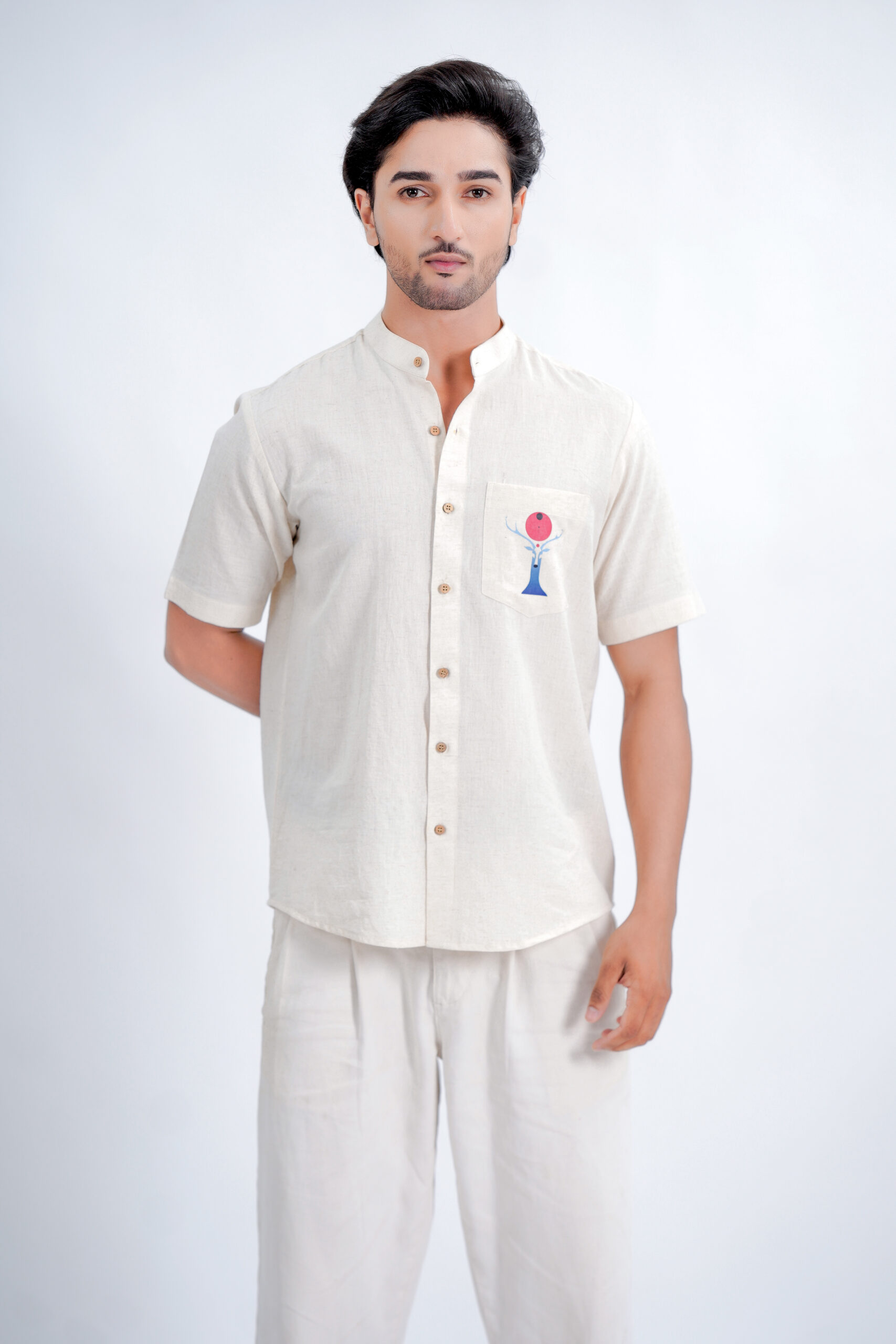 LINEN COTTON SHIRT WITH RED MOON DEER MOTIF