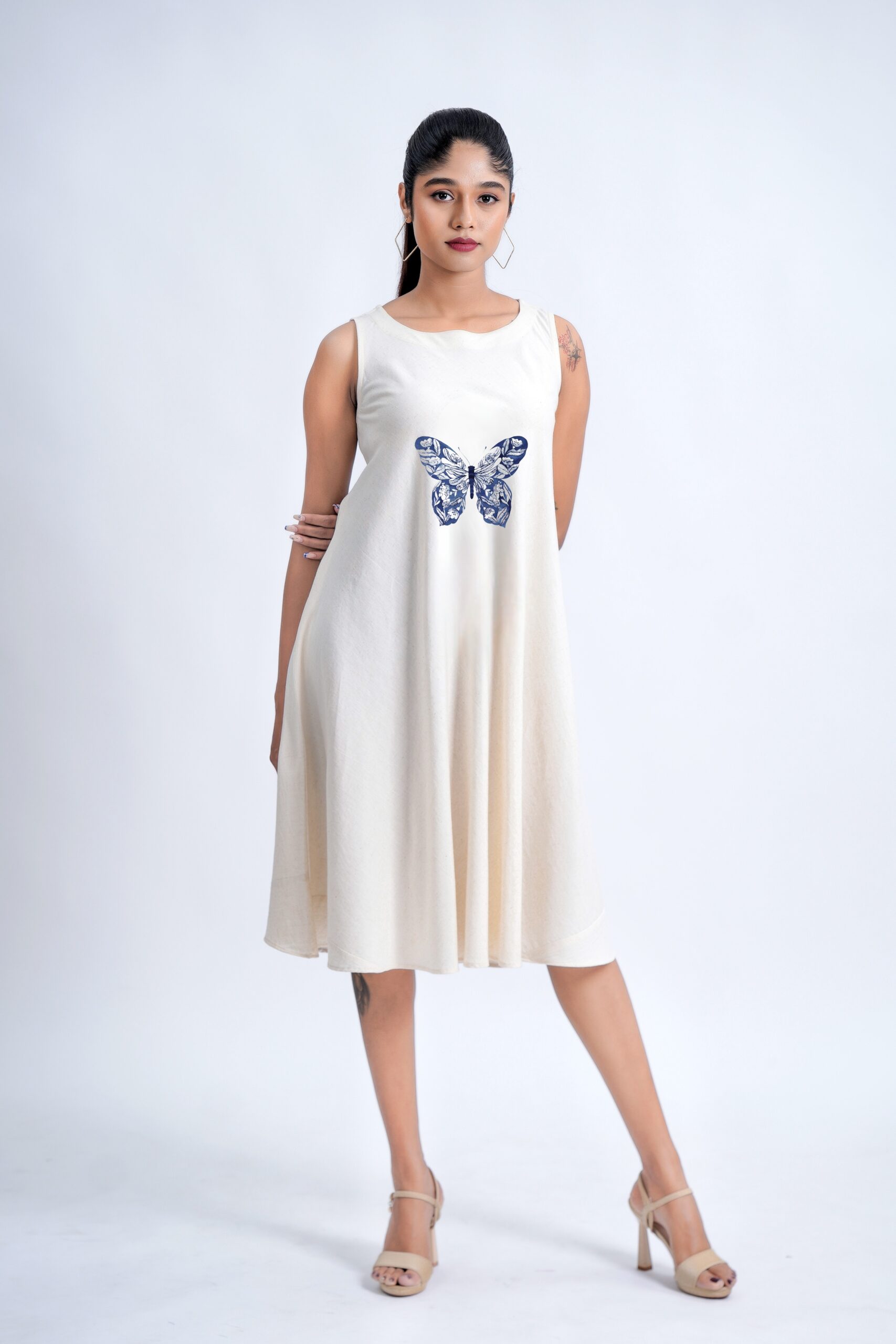 LINEN COTTON DRESS WITH INDIGO BUTTERFLY MOTIF