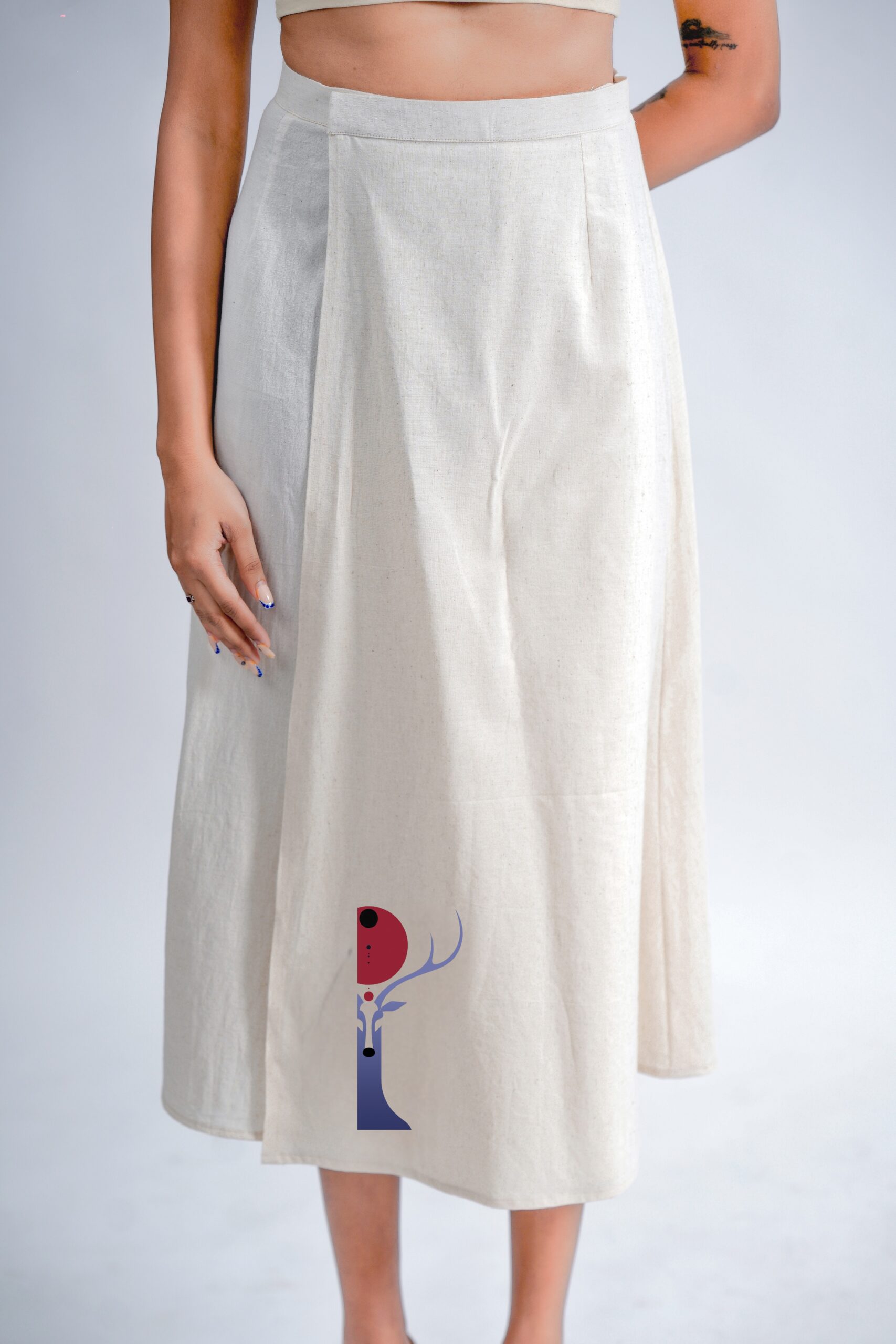 LINEN COTTON SKIRT WITH RED MOON DEER  MOTIF