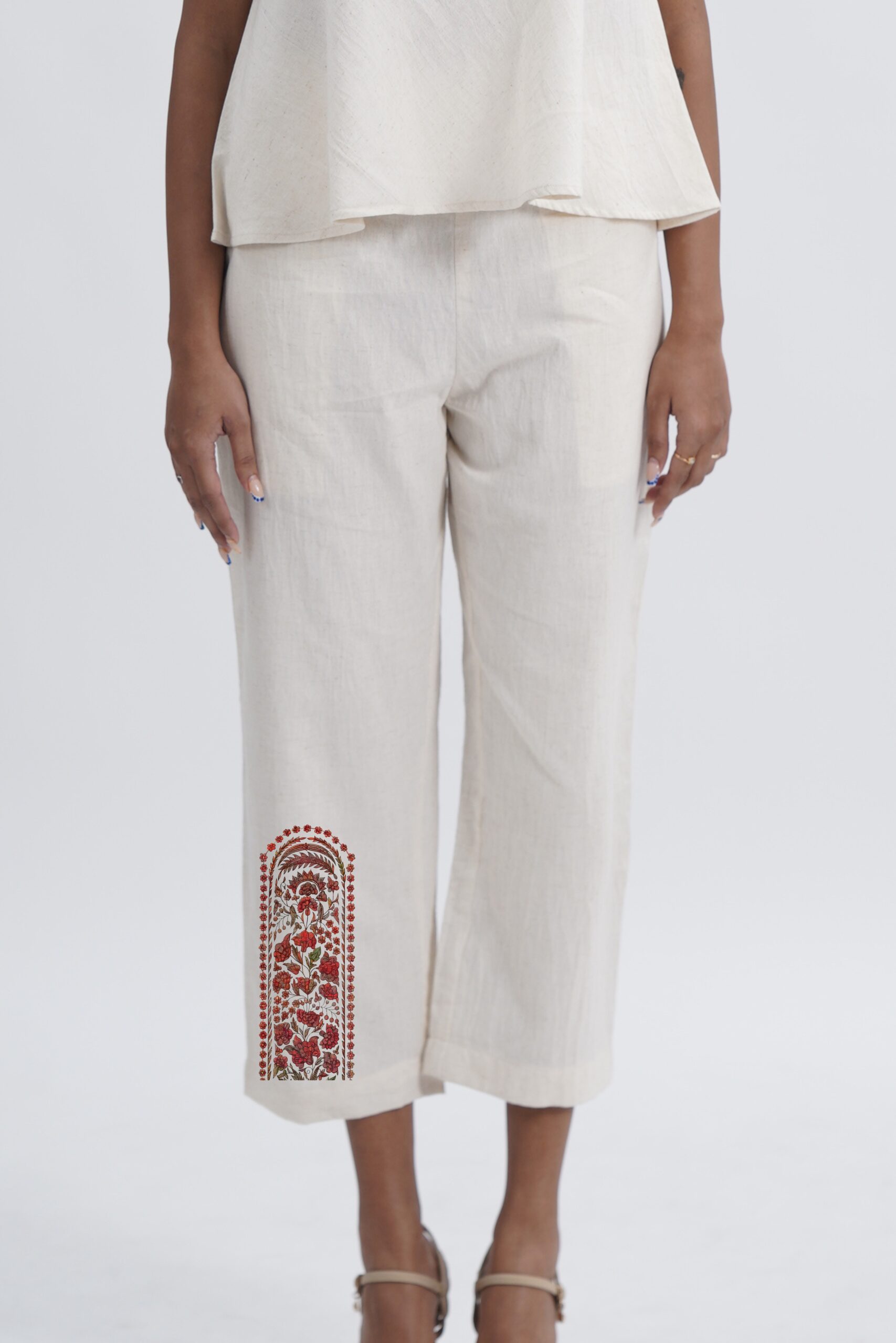 LINEN COTTON WOMENS PANT WITH RED ARK MOTIF