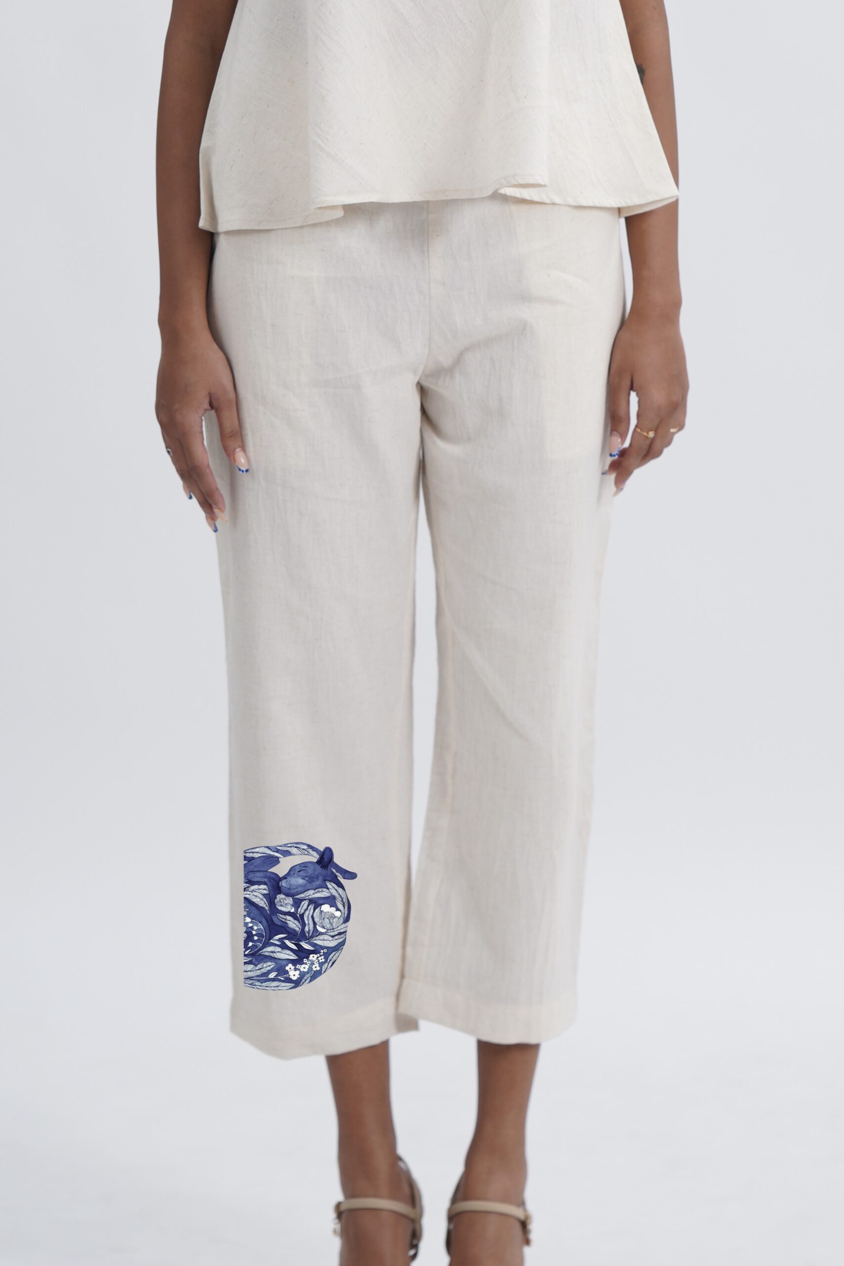 LINEN COTTON WOMENS PANT WITH INDIGO CAT MOTIF