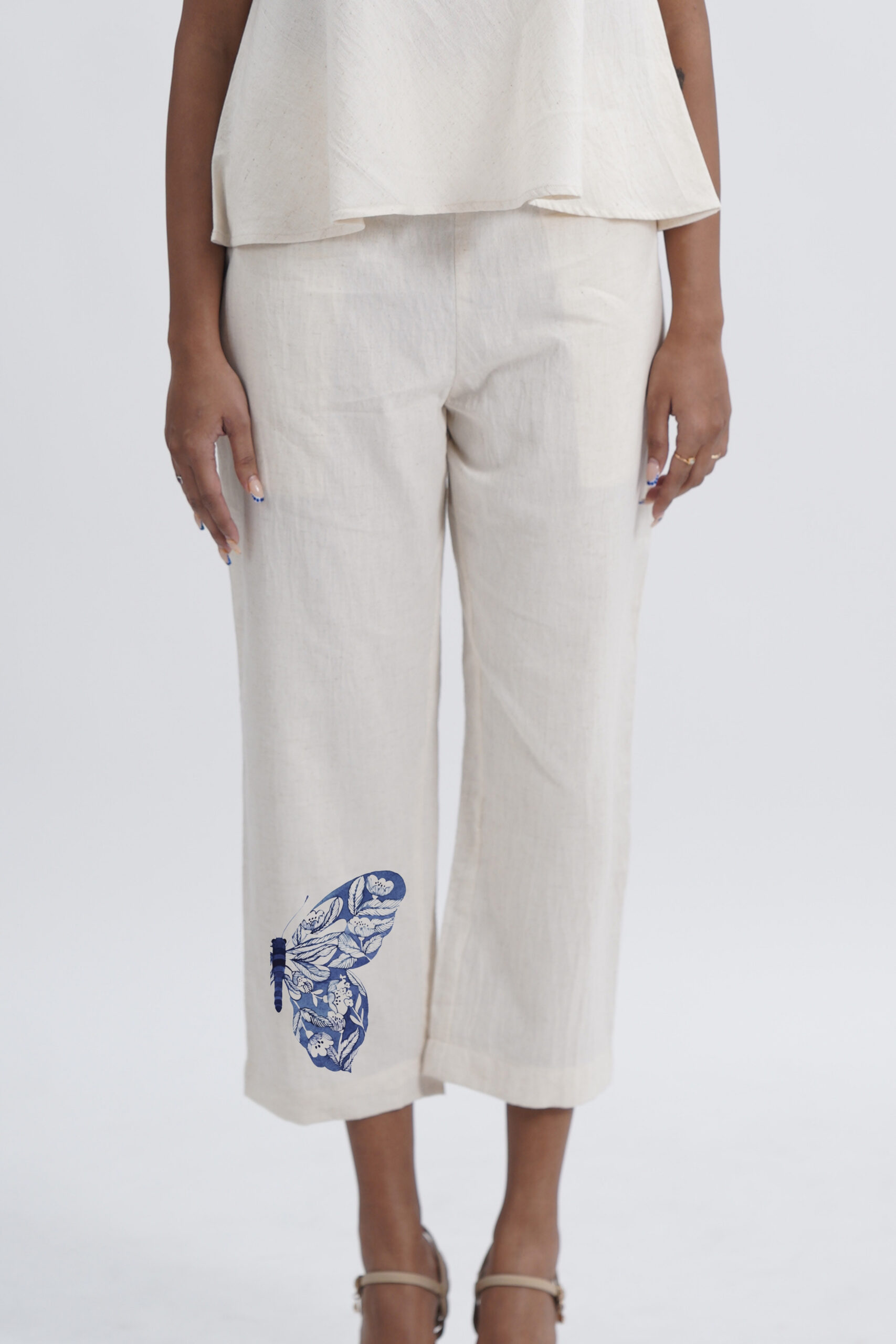 LINEN COTTON WOMENS PANT WITH INDIGO BUTTERFLY MOTIF