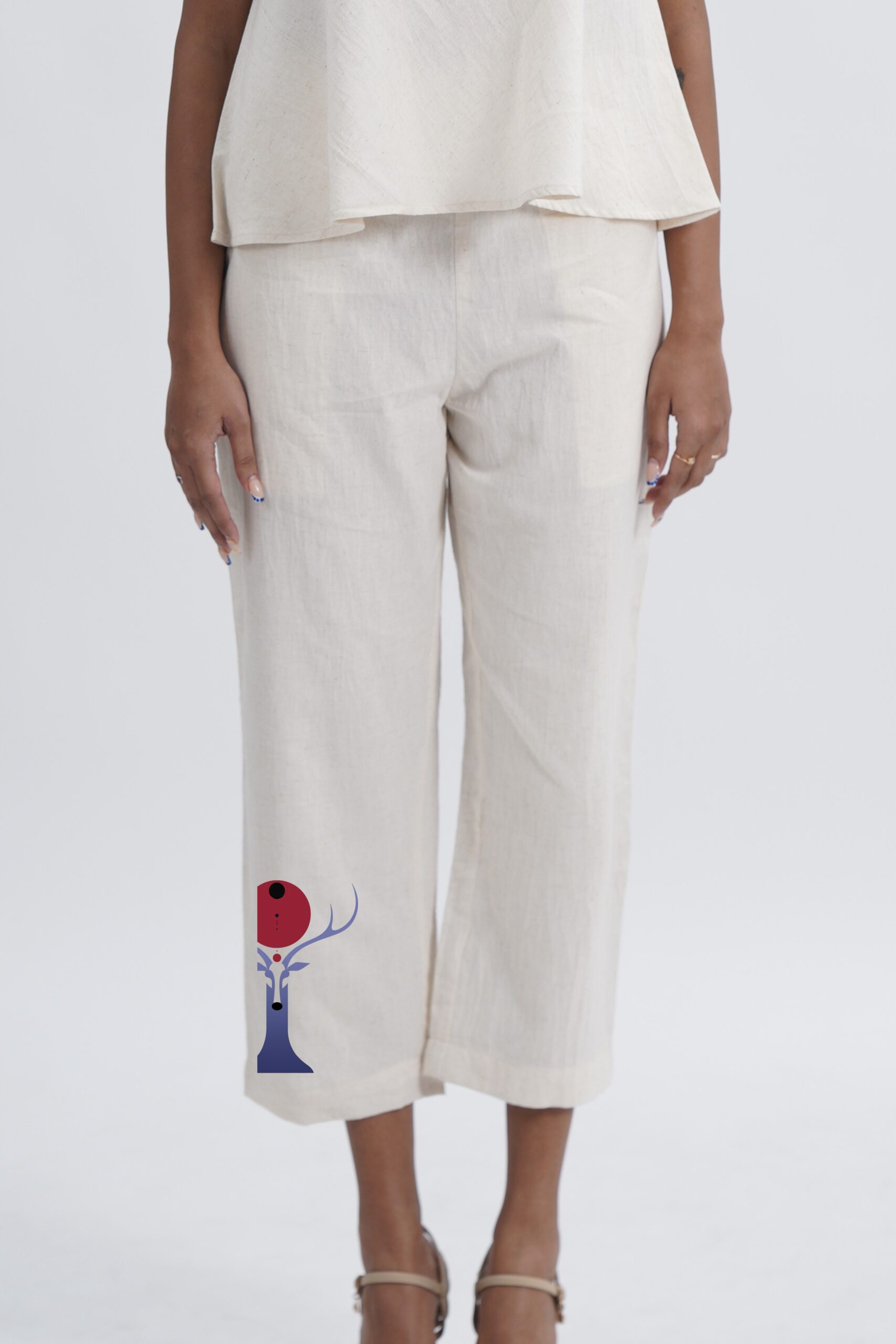 LINEN COTTON WOMENS PANT WITH RED MOON DEER MOTIF