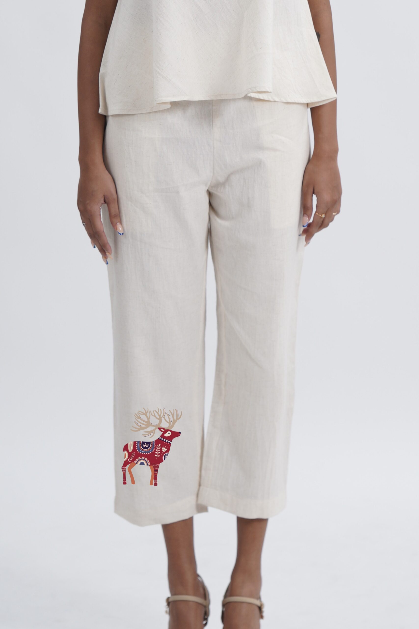 LINEN COTTON WOMENS PANT WITH RED DEER MOTIF