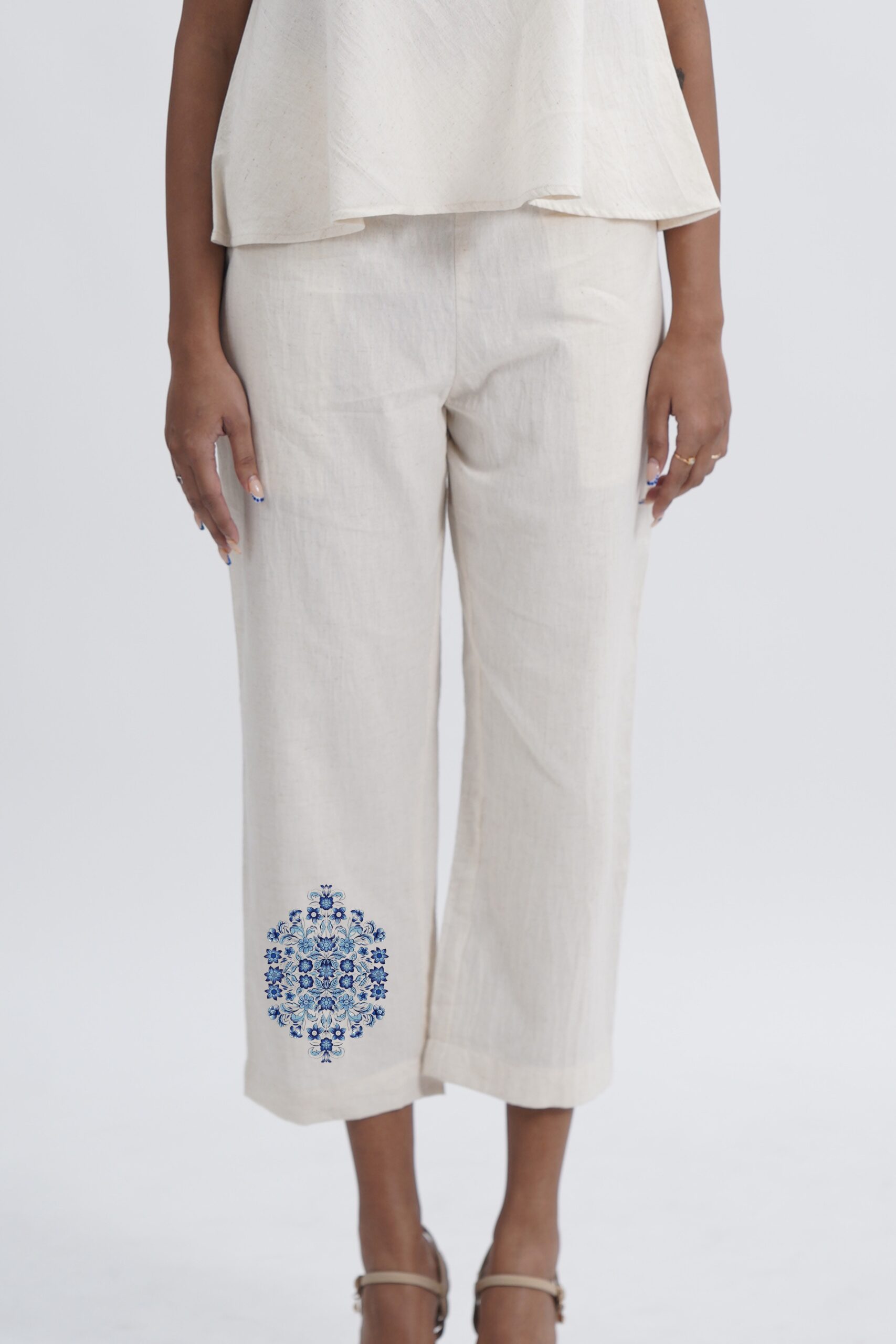 LINEN COTTON WOMENS PANT WITH INDIGO FLORAL MOTIF