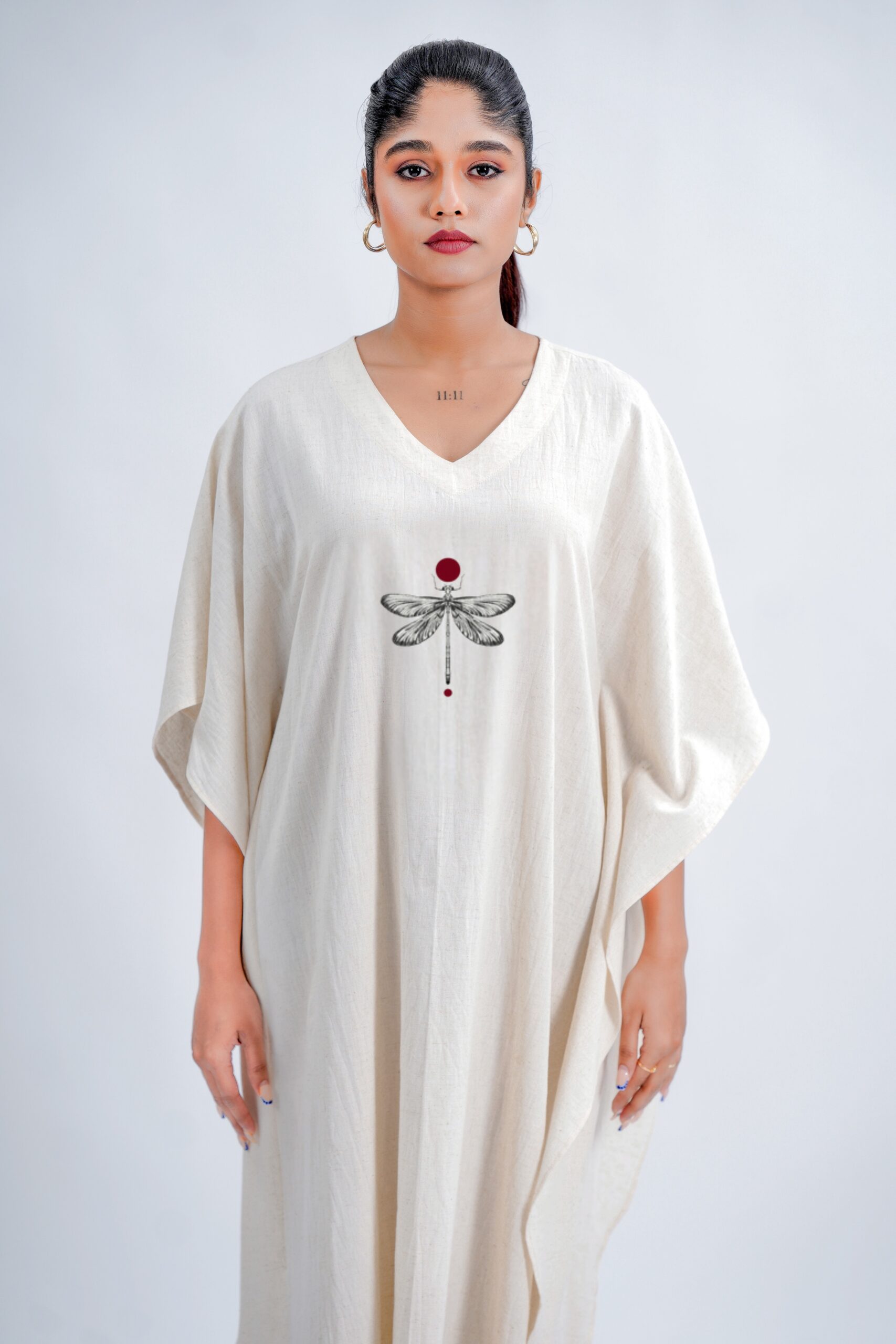 LINEN COTTON KAFTAN WITH DRAGONFLY MOTIF