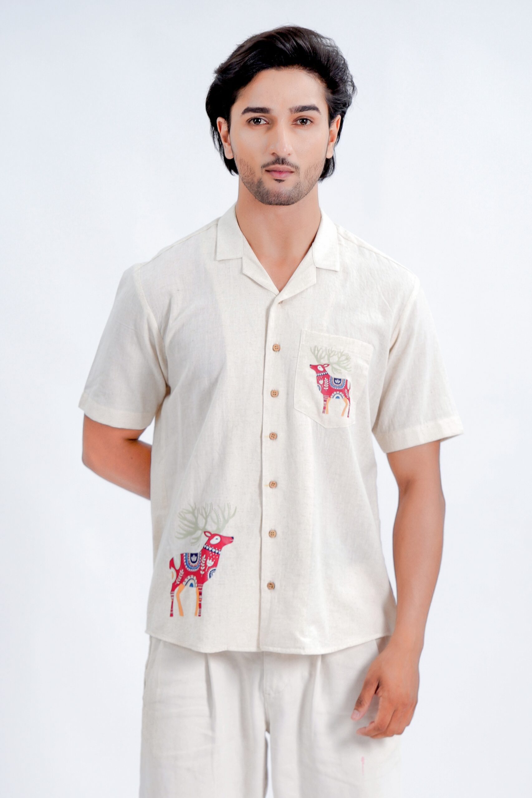 LINEN COTTON SHIRT WITH RED DEER MOTIF