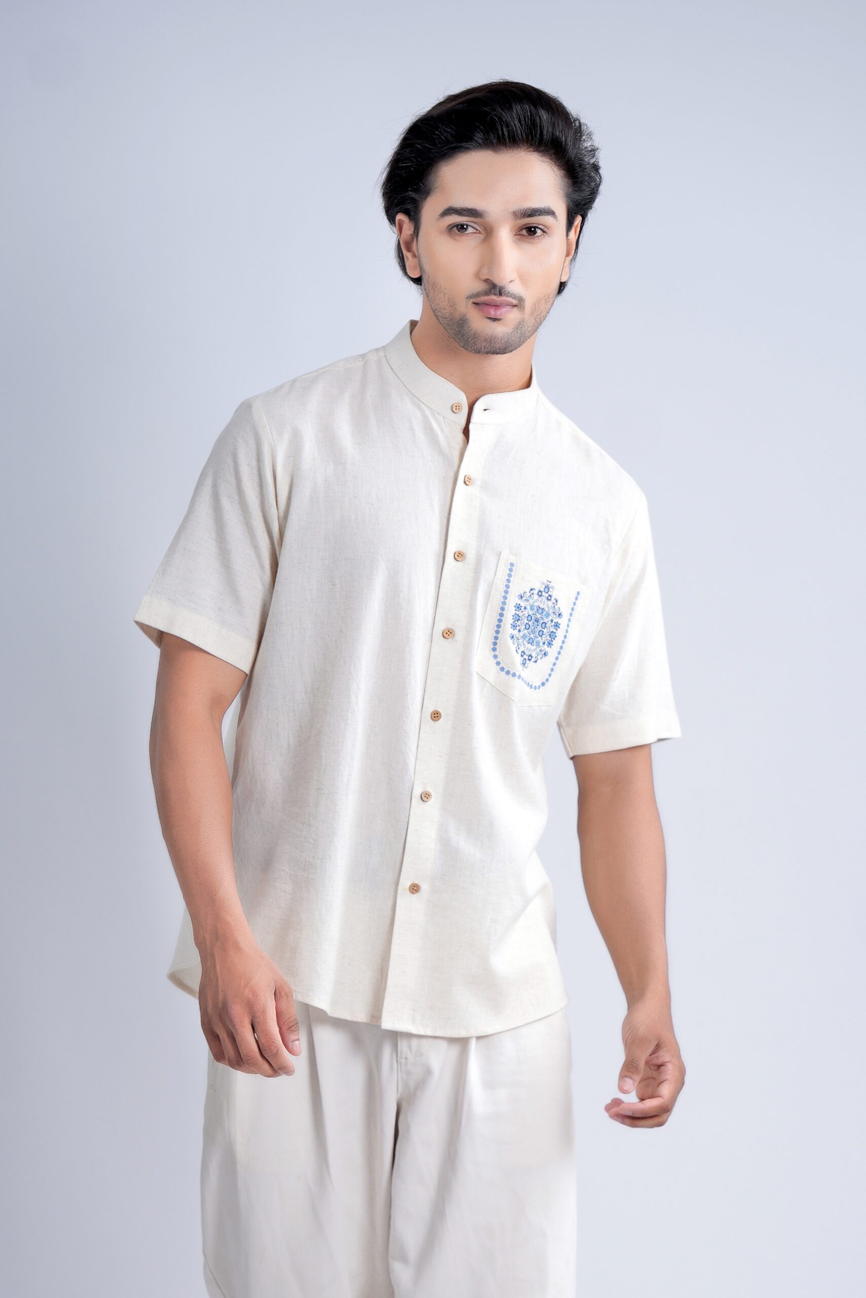 LINEN COTTON SHIRT WITH INDIGO FLORAL MOTIF