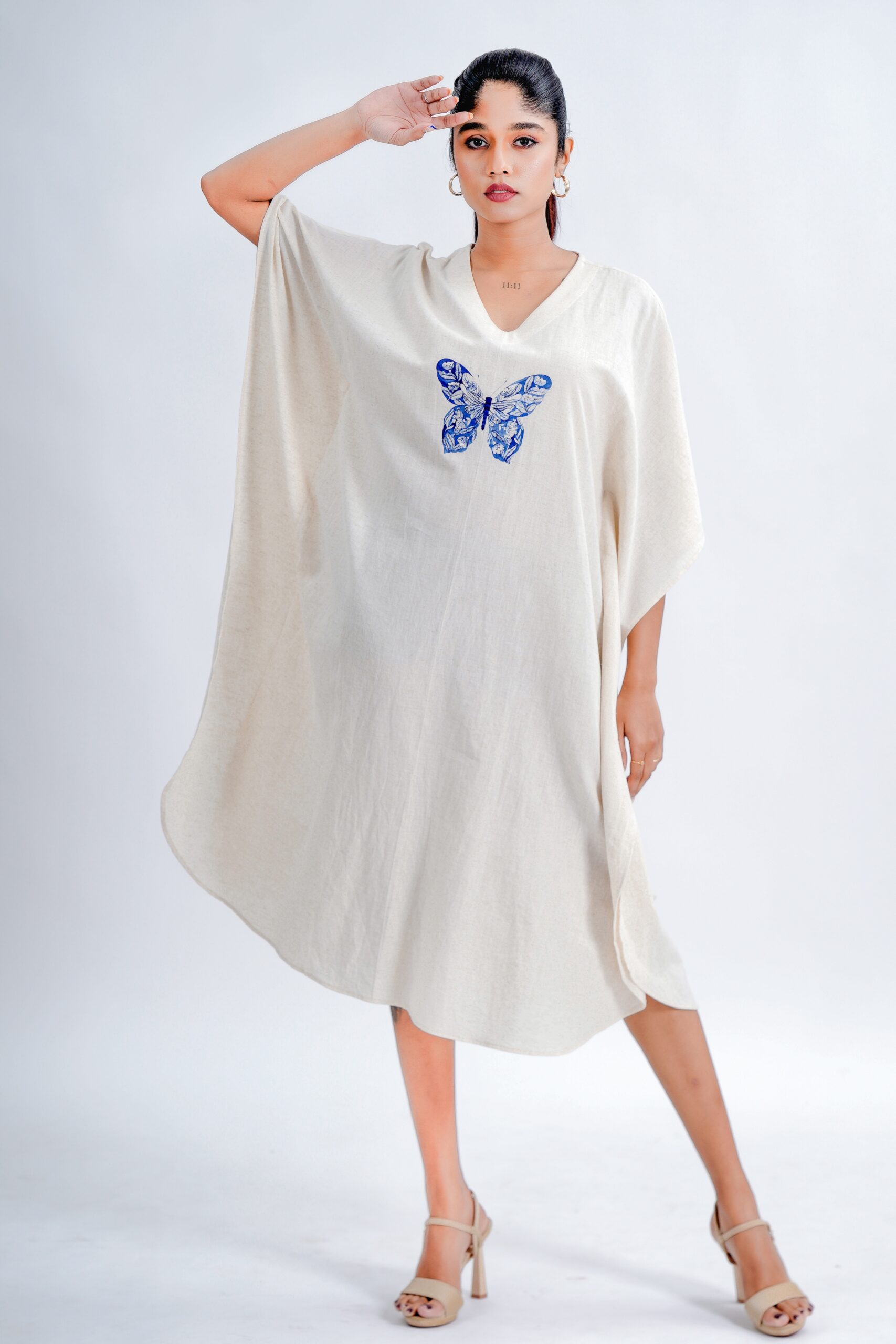 LINEN COTTON KAFTAN WITH INDIGO BUTTERFLY MOTIF