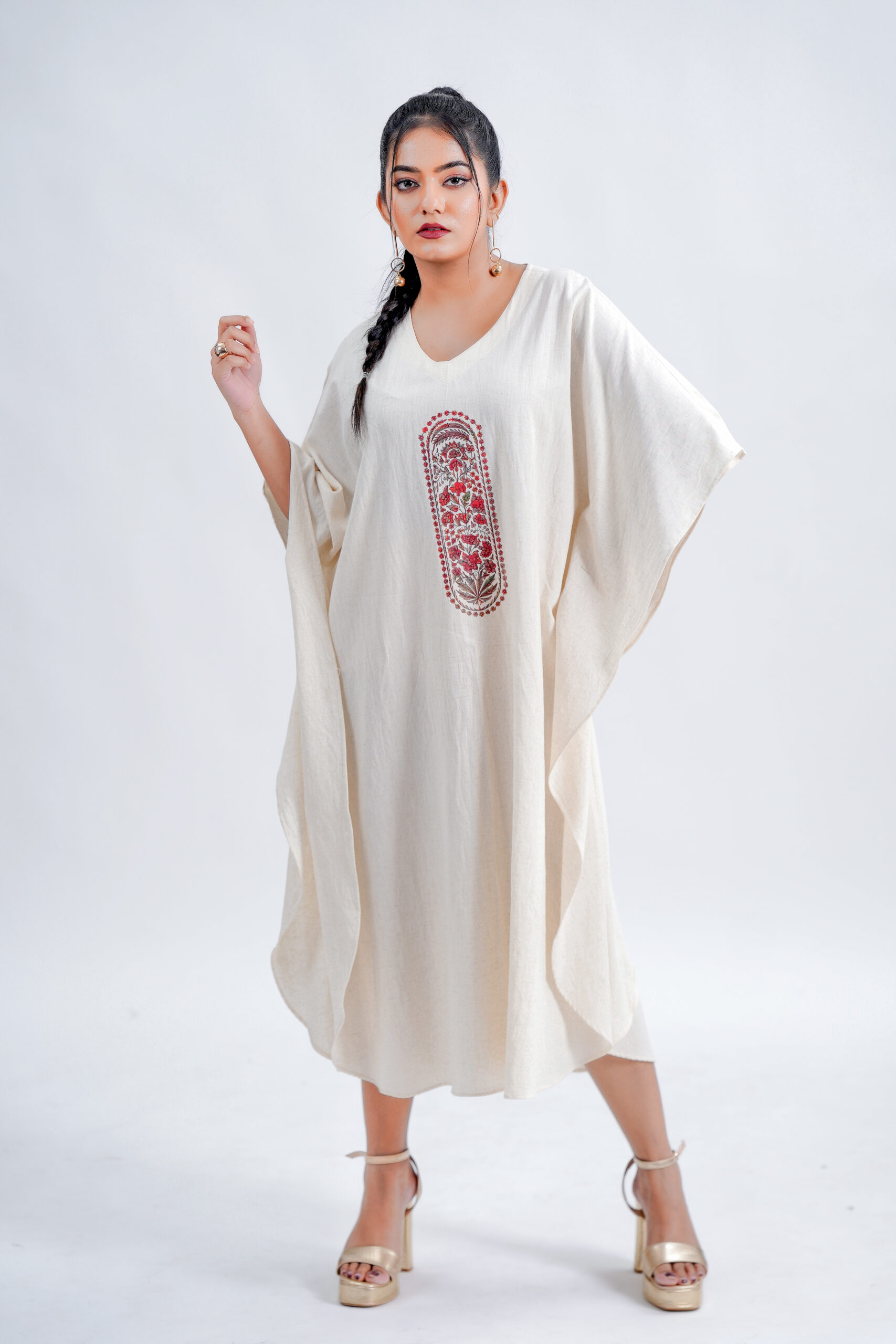 LINEN COTTON KAFTAN WITH RED ARK MOTIF