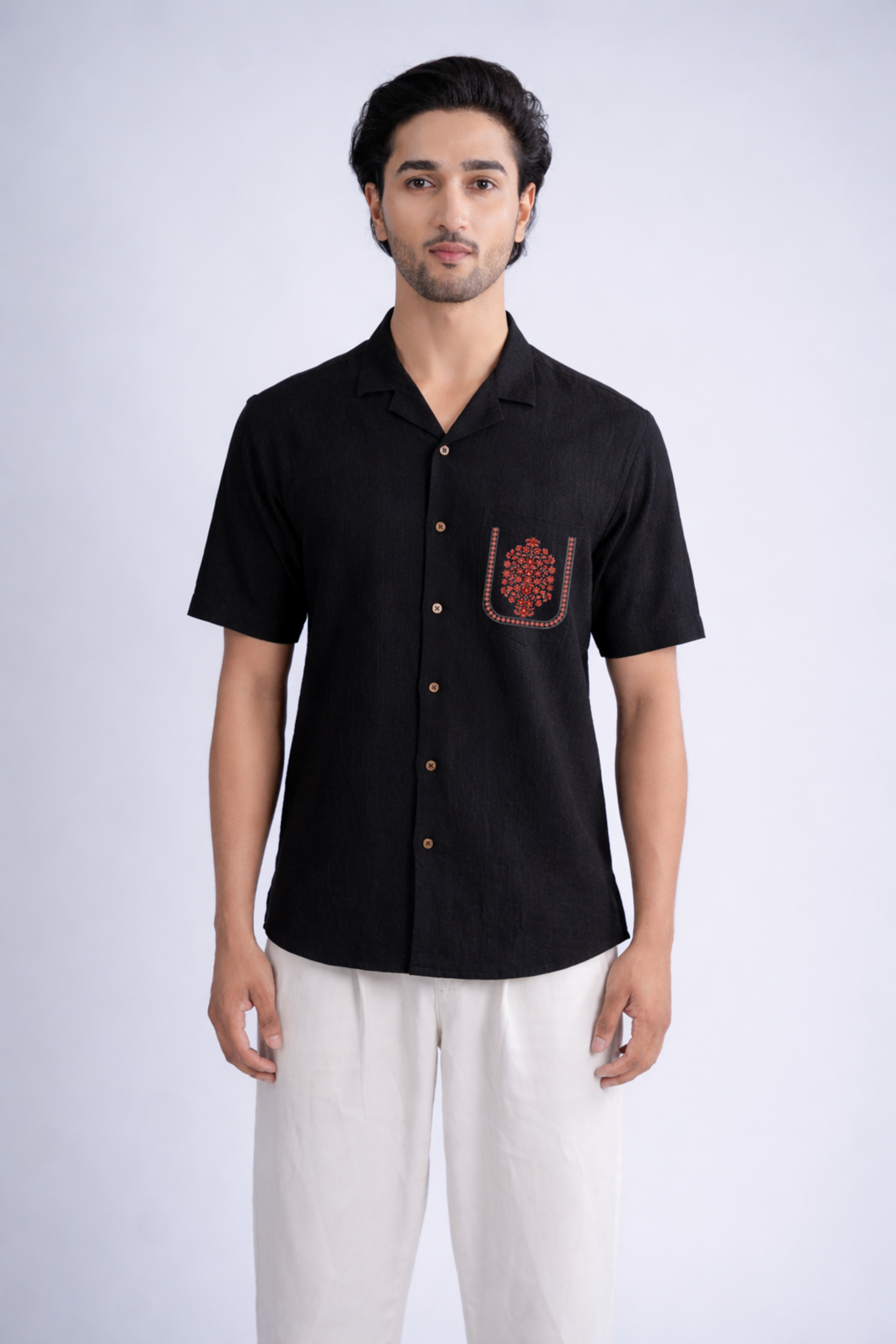 LINEN COTTON SHIRT BLACK WITH RED FLORAL MOTIF